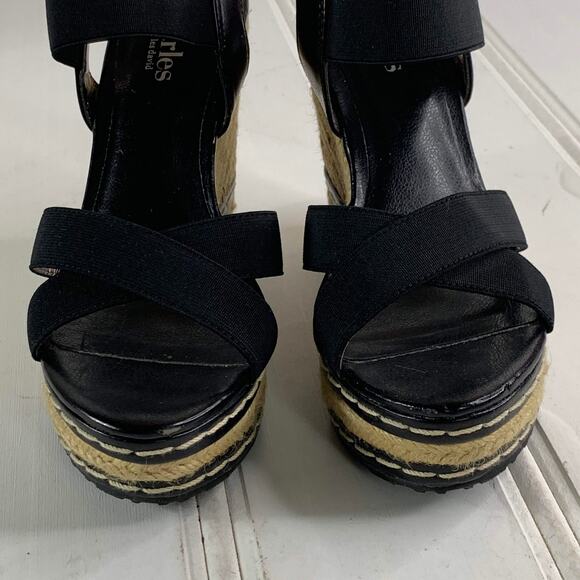 Charles David 5.5 Black Espadrilles Wedges Shoes Open Toe Ankle Strappy Sandal - Picture 9 of 12